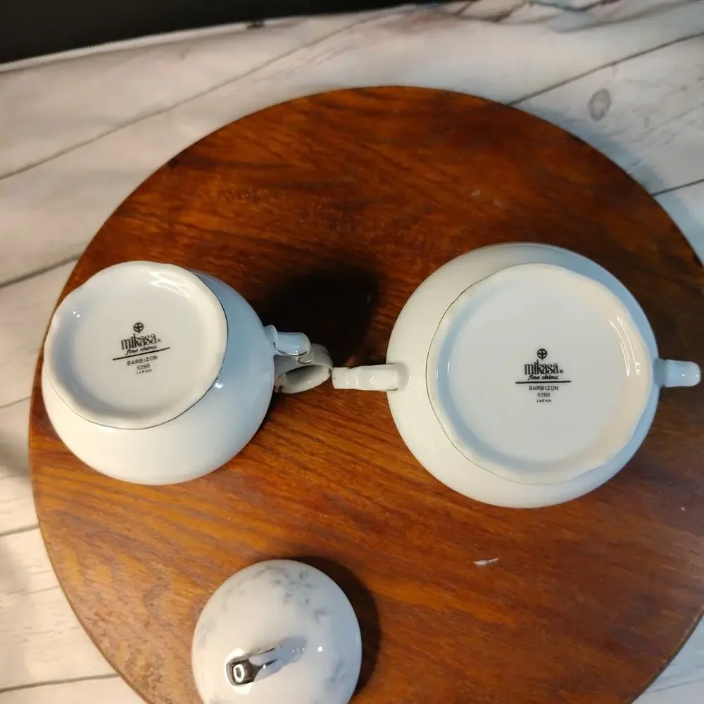 MIKASA Barbizon Pattern Sugar Bowl Dish w/ Lid & Creamer Blue Flowers Silver Rim